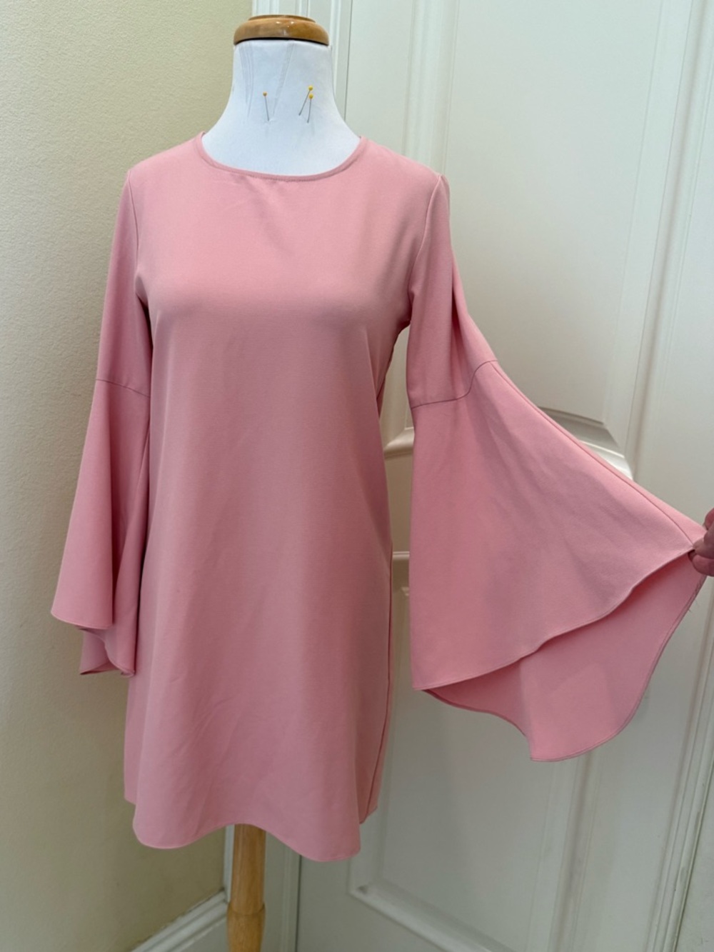 Aqua pink knit dress with bell sleeves